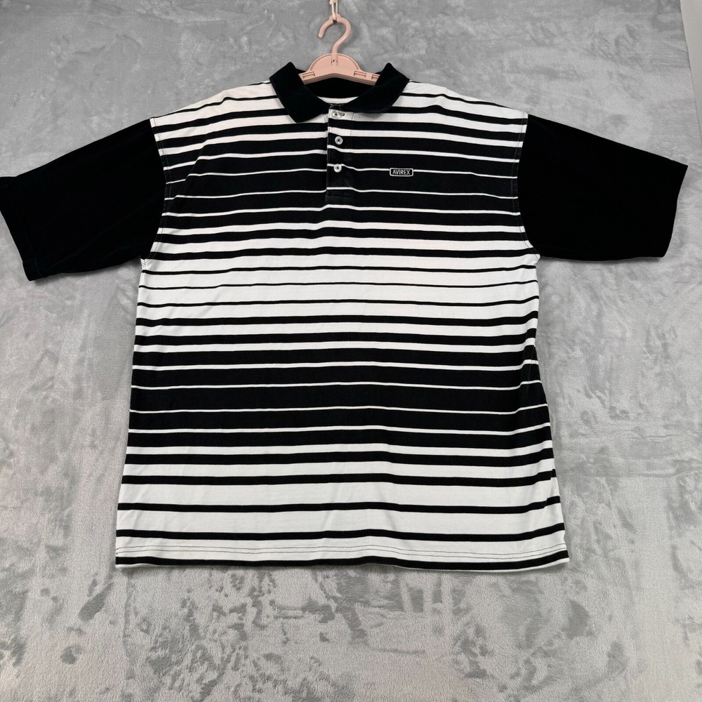 Avirex Polo Shirt Mens XL Black White Striped Short Sleeve Cotton Streetwear